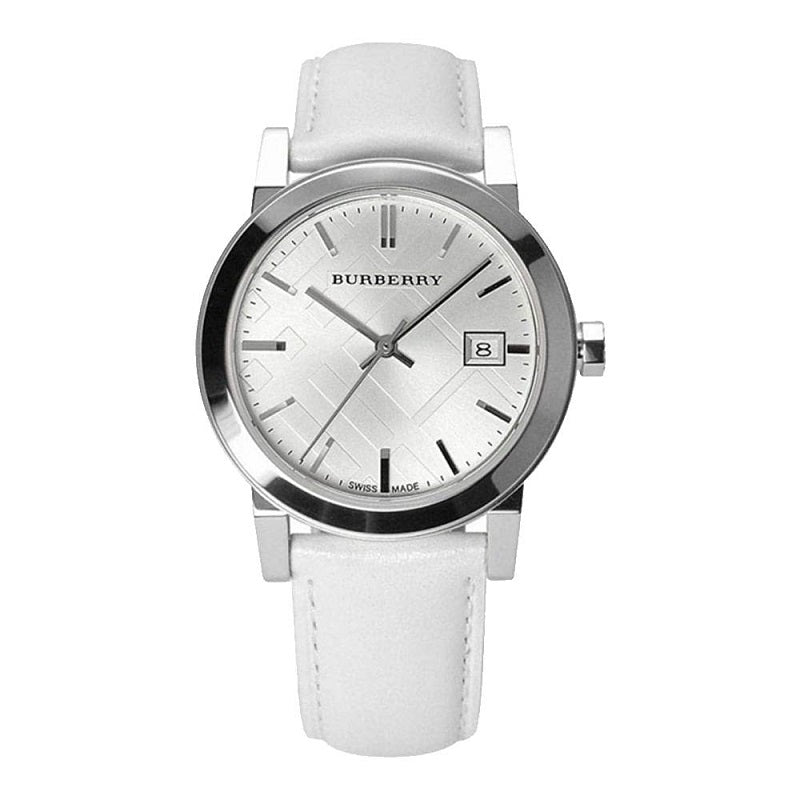Burberry The City White Dial White Leather Strap Watch for Women